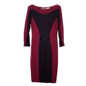 Cache Color block Burgundy & Black Sheath Dress With Metal Accent Detail Size 10